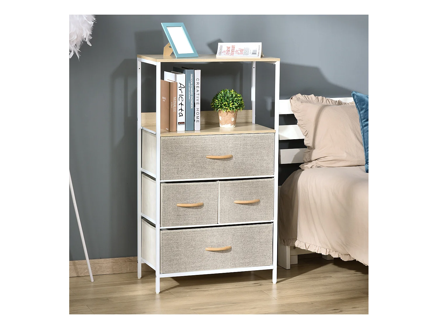 Commode meuble de rangement chiffonnier 4 tiroirs amovibles 1 étagère 58 x 29 x 103 cm gris blanc