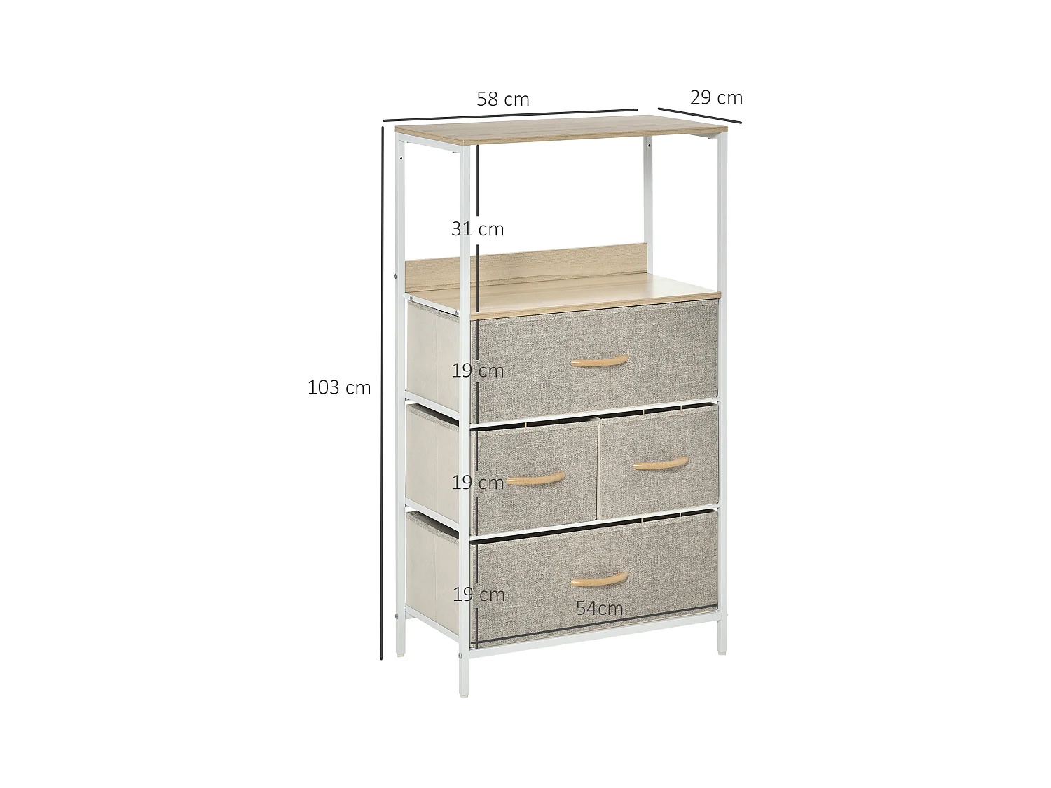 Commode meuble de rangement chiffonnier 4 tiroirs amovibles 1 étagère 58 x 29 x 103 cm gris blanc