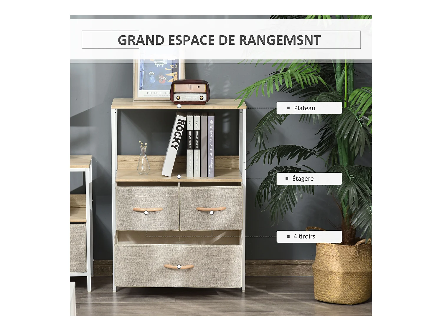 Commode meuble de rangement chiffonnier 4 tiroirs amovibles 1 étagère 58 x 29 x 103 cm gris blanc