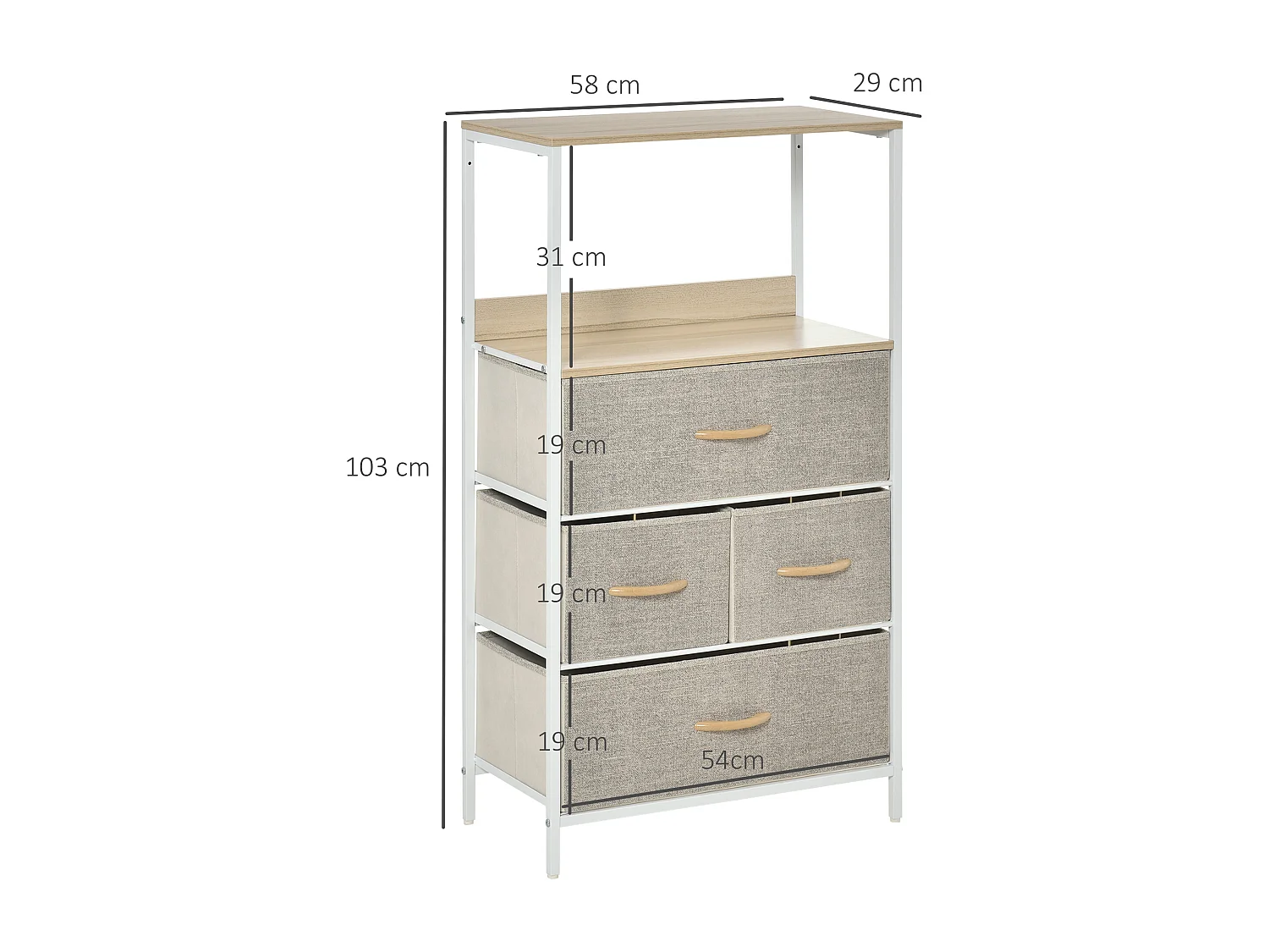 Commode meuble de rangement chiffonnier 4 tiroirs amovibles 1 étagère 58 x 29 x 103 cm gris blanc