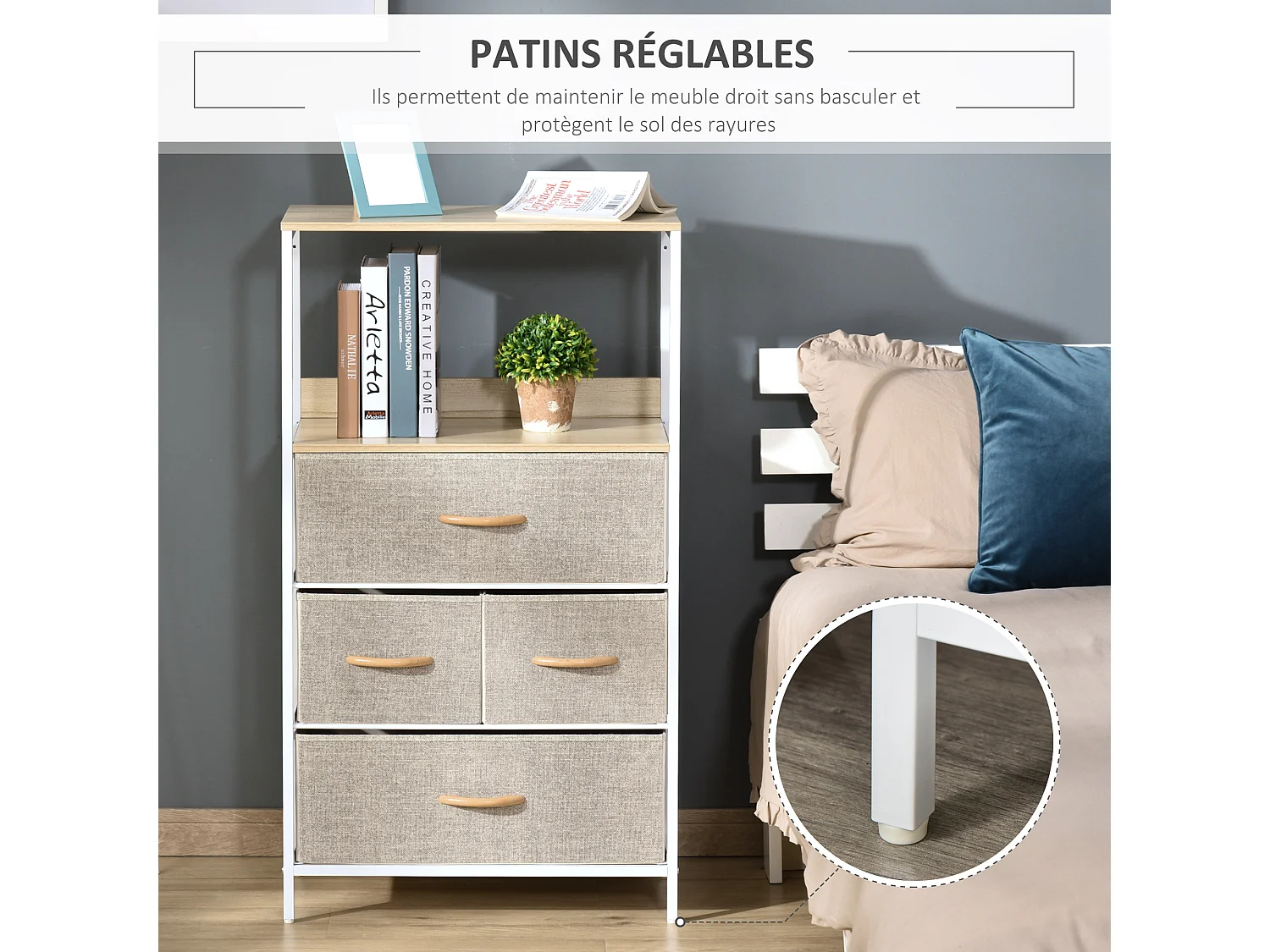 Commode meuble de rangement chiffonnier 4 tiroirs amovibles 1 étagère 58 x 29 x 103 cm gris blanc