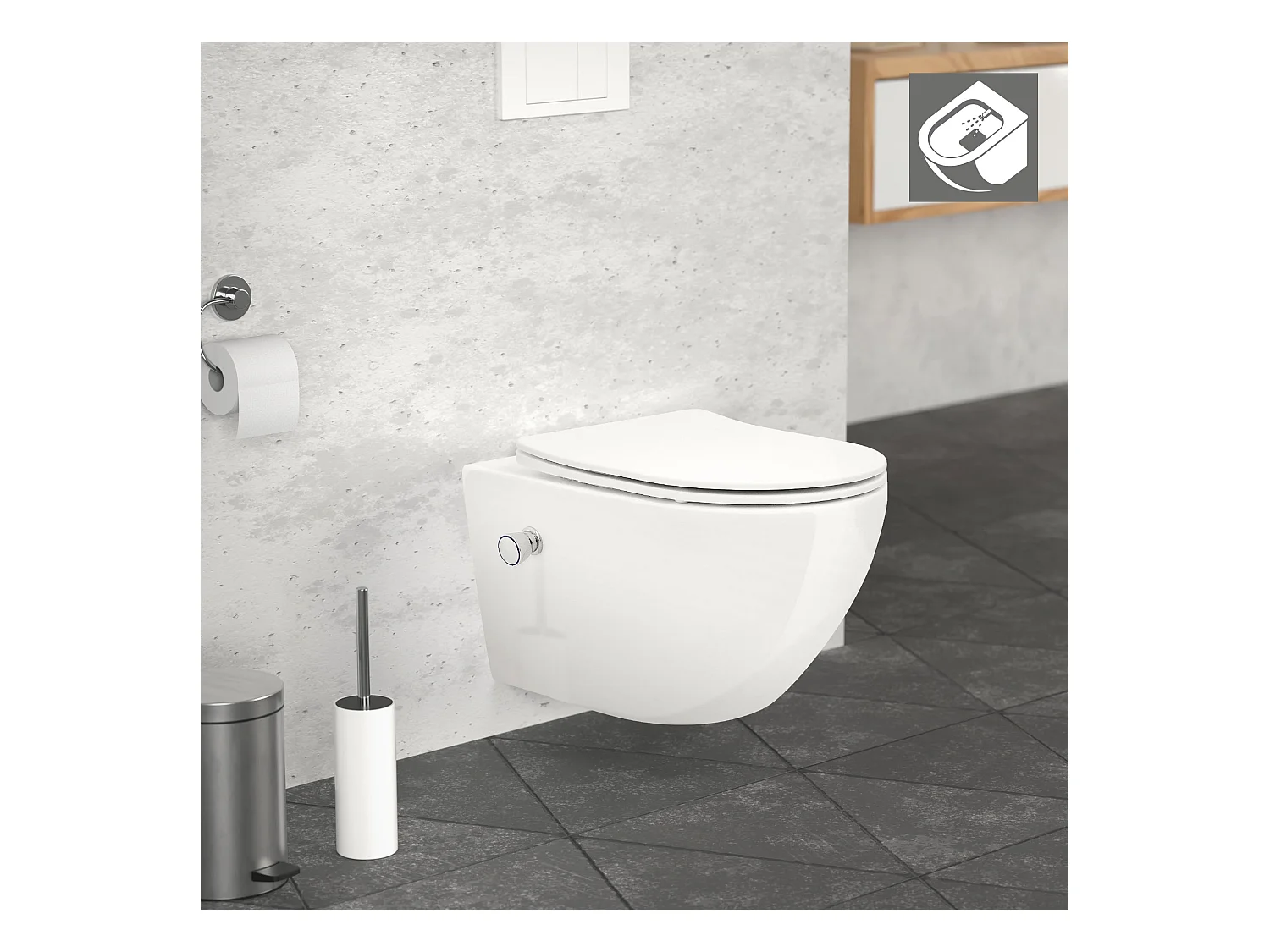 ECD Germany WC Suspendu sans Bride de Rinçage, Blanc, en Céramique, avec Fonction Bidet, Abattant à Fermeture Automatique en Plastique Amovible, Chasse d'Eau