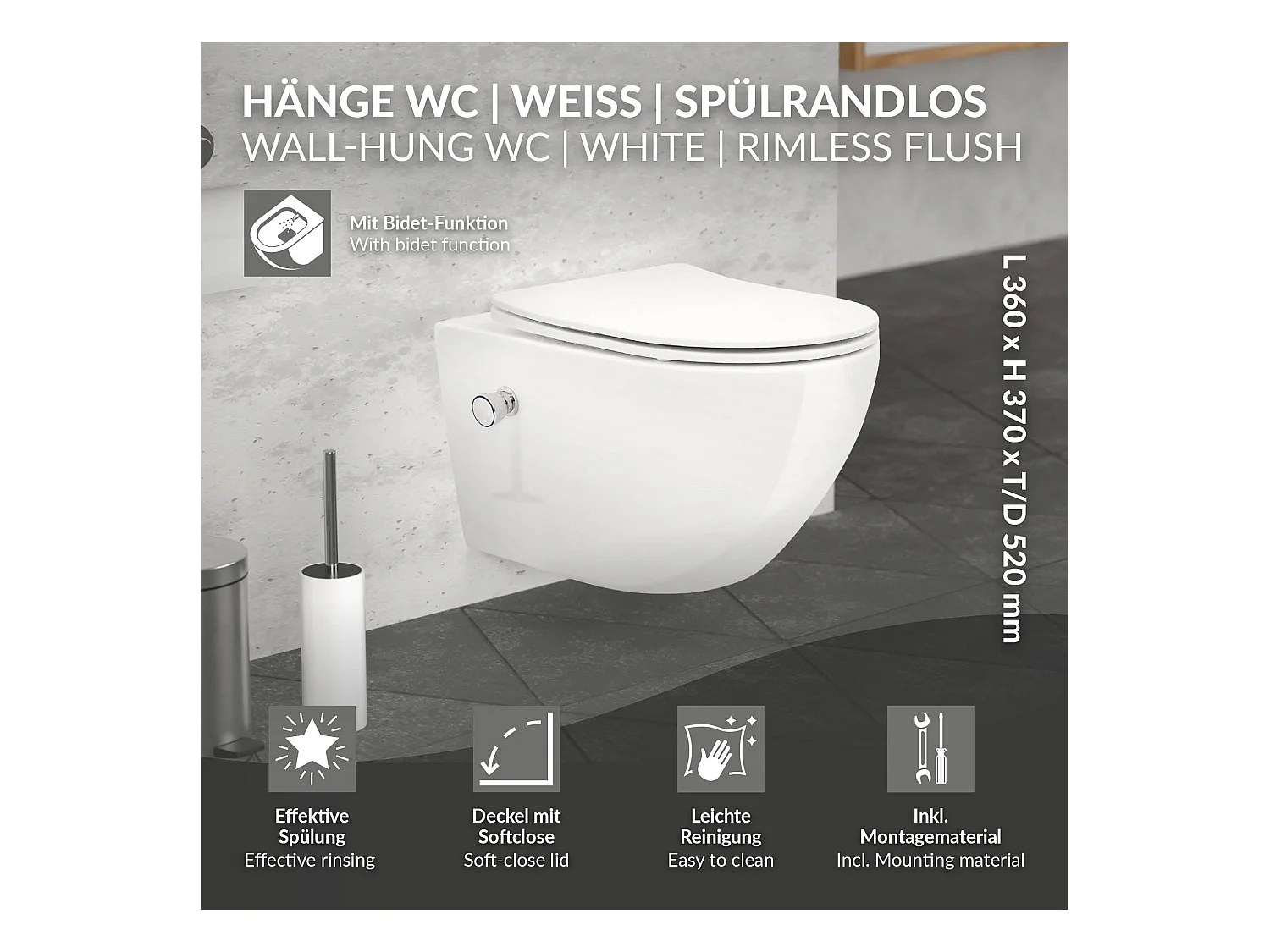 ECD Germany WC Suspendu sans Bride de Rinçage, Blanc, en Céramique, avec Fonction Bidet, Abattant à Fermeture Automatique en Plastique Amovible, Chasse d'Eau