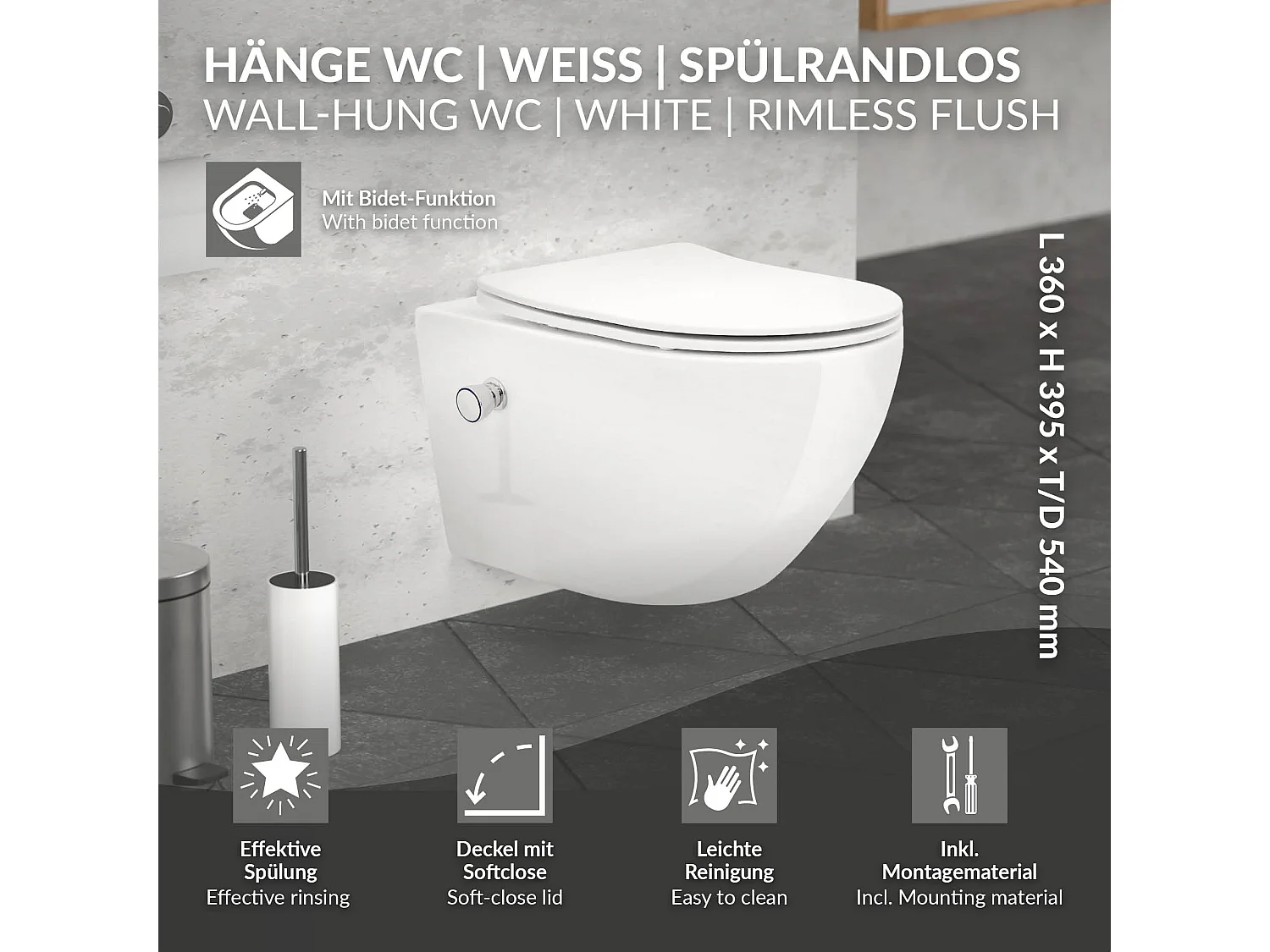 ECD Germany WC Suspendu sans Bride de Rinçage, Blanc, en Céramique, avec Fonction Bidet, Abattant à Fermeture Automatique en Plastique Amovible, Chasse d'Eau