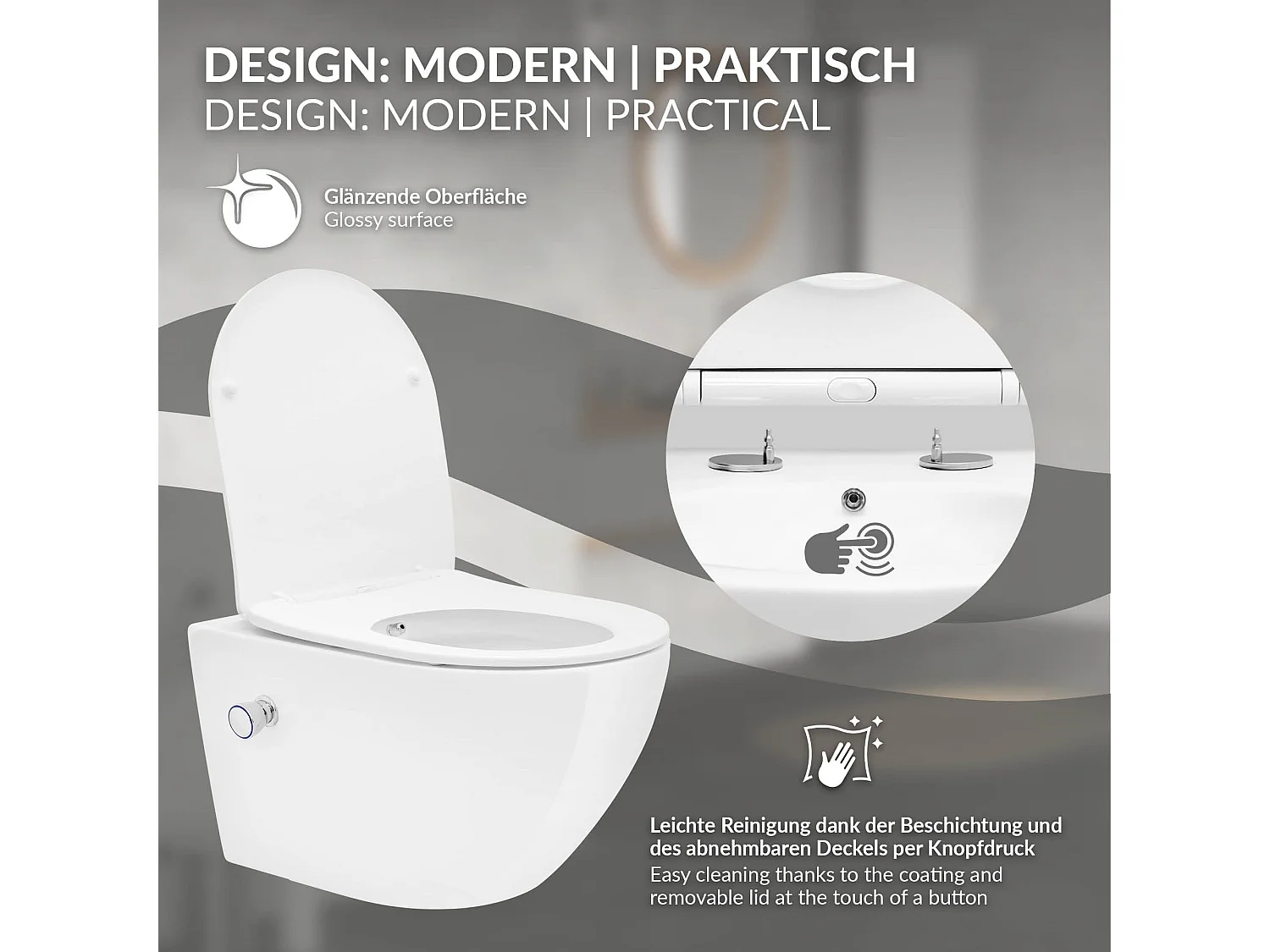 ECD Germany WC Suspendu sans Bride de Rinçage, Blanc, en Céramique, avec Fonction Bidet, Abattant à Fermeture Automatique en Plastique Amovible, Chasse d'Eau