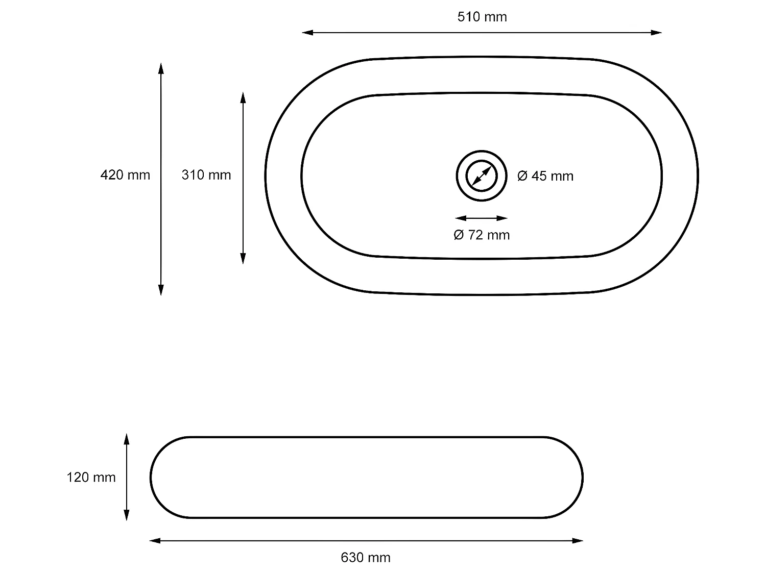 Lavabo en céramique blanc avec garniture de vidage 630x420 mm ECD Germany