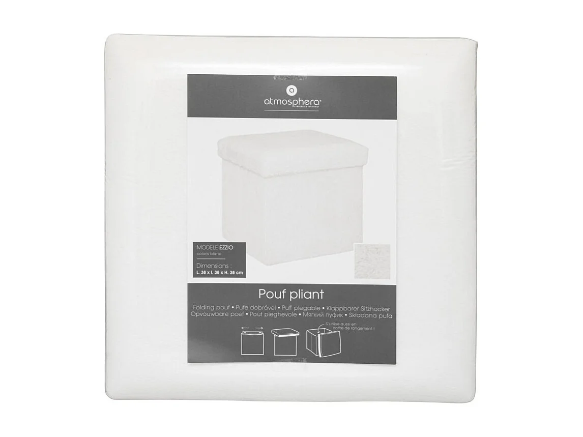 Pouf et Coffre de rangement en bois et Fourrure Blanche 38 x 38 cm