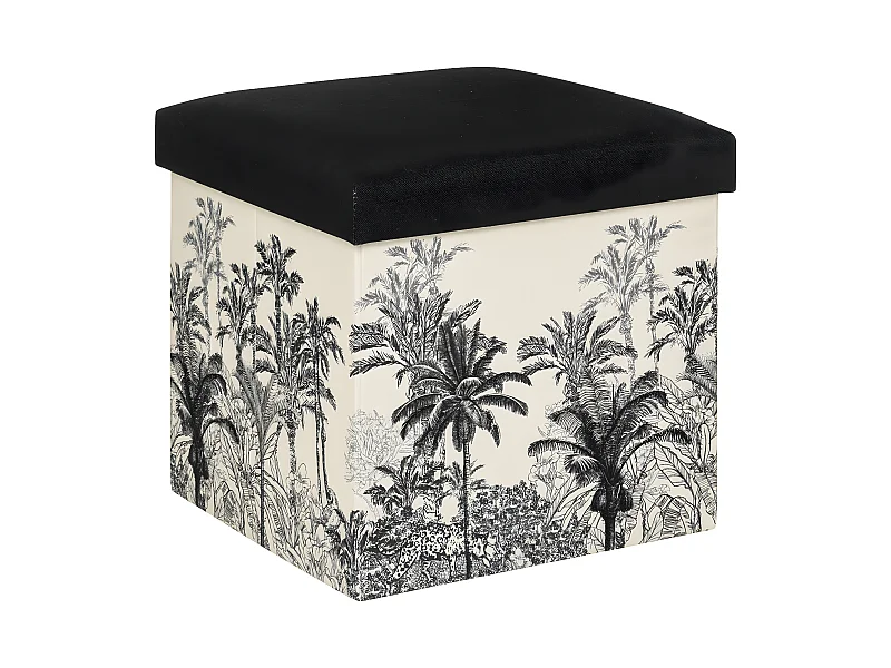 Pouf et Coffre de rangement en bois et tissu imprimé Noir & Blanc 38 x 38 cm