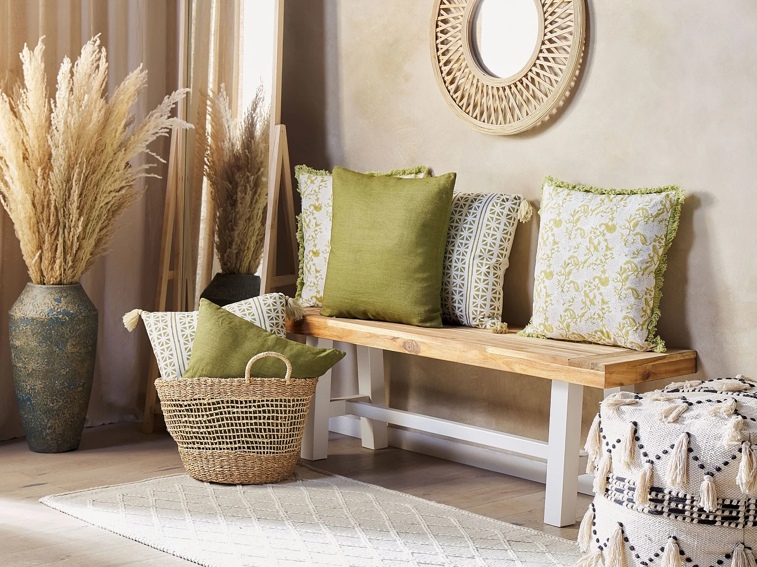 Dekokissen mit Füllung Muster Fransen Baumwolle grün 45 x 45 cm Filix