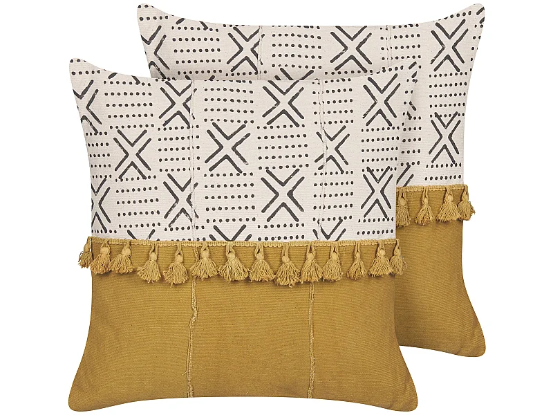 Lot de 2 coussins décoratifs WOODI Coton 45 x 45 cm Jaune Blanc Motif géométrique