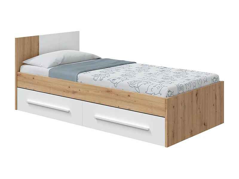 Cama individual Anaheim, Cama contenedor individual con cabecero, Estructura de cama con 2 cajones para dormitorio,196x97h77 cm, Roble anudado y Blanco