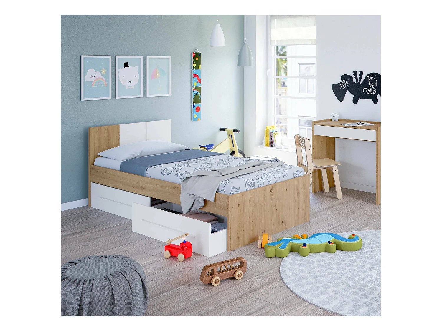 Letto singolo Anaheim, Letto singolo contenitore con testiera, Struttura letto a 2 cassetti per camera da letto, 196x97h77 cm, Rovere nodi e Bianco