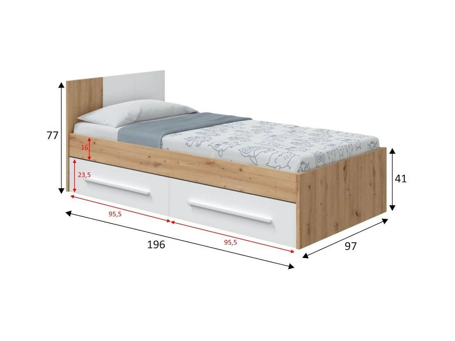 Letto singolo Anaheim, Letto singolo contenitore con testiera, Struttura letto a 2 cassetti per camera da letto, 196x97h77 cm, Rovere nodi e Bianco