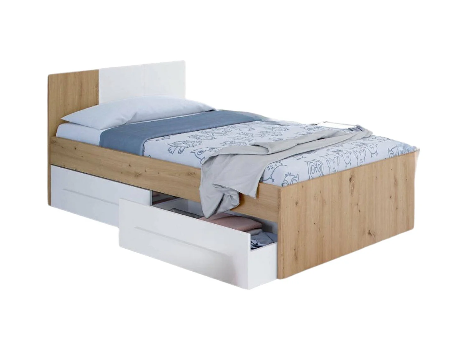 Letto singolo Anaheim, Letto singolo contenitore con testiera, Struttura letto a 2 cassetti per camera da letto, 196x97h77 cm, Rovere nodi e Bianco