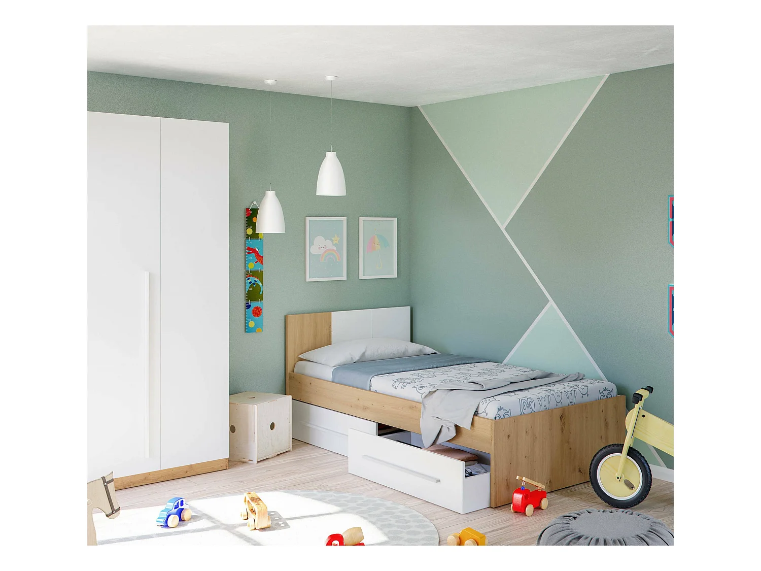 Letto singolo Anaheim, Letto singolo contenitore con testiera, Struttura letto a 2 cassetti per camera da letto, 196x97h77 cm, Rovere nodi e Bianco