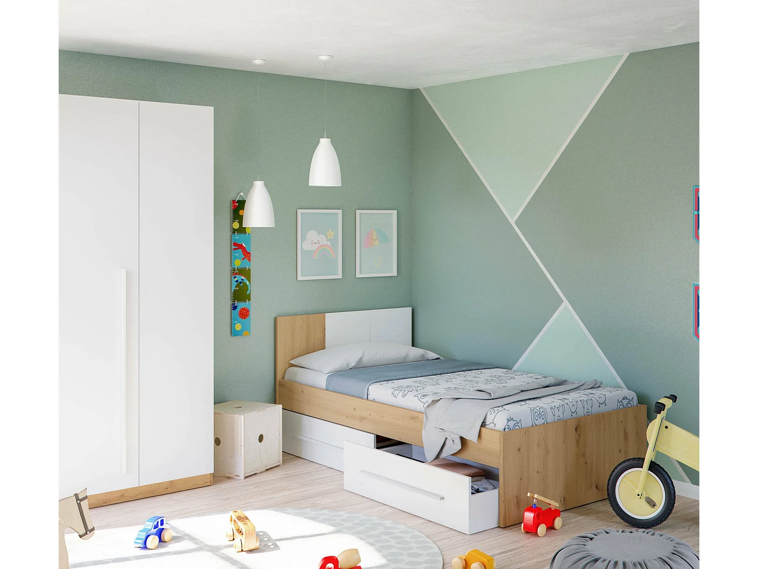 Lit simple Anaheim, Lit coffre simple avec tête de lit, Cadre de lit avec 2 tiroirs pour chambre, 196x97h77 cm, Chêne noué et Blanc