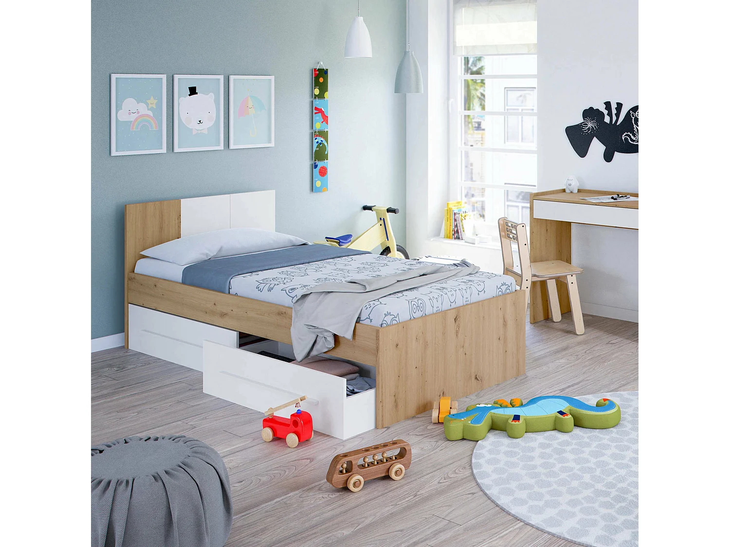 Dmora Kinderbed Anaheim Bruin Eiken Knopen Opslag Matrassenmaat 90x190 cm, Bed Gewichtsondersteuning 90 kg
