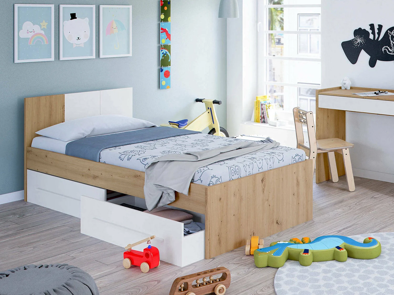 Dmora Kinderbed Anaheim Bruin Eiken Knopen Opslag Matrassenmaat 90x190 cm, Bed Gewichtsondersteuning 90 kg
