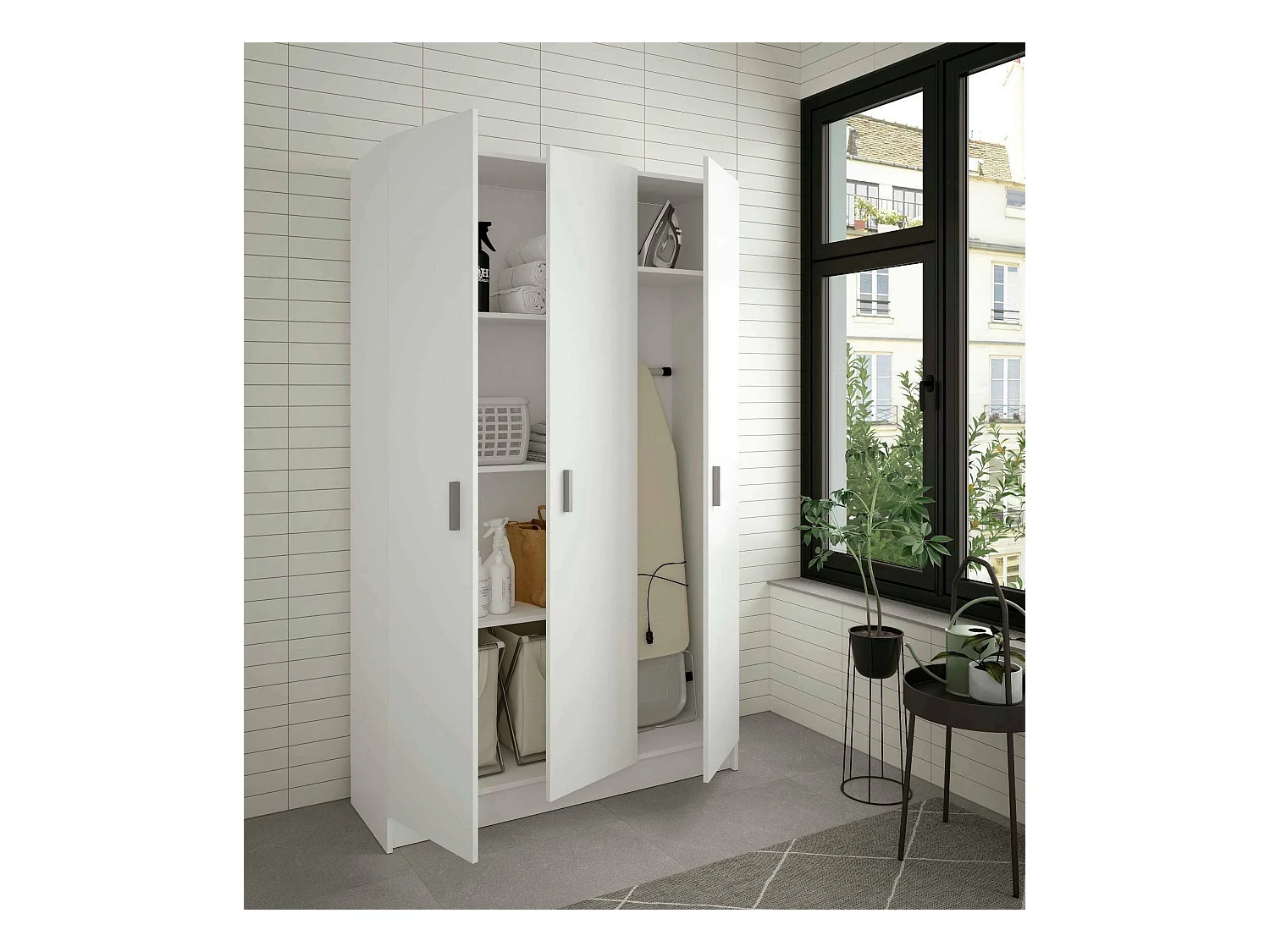 Armoire polyvalente Dains, Armoire auxiliaire avec 3 portes, Étagère à chaussures avec étagères, Armoire à balais, 109x37h180 cm, Blanc