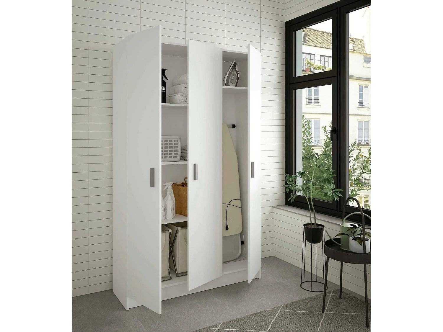 Armoire polyvalente Dains, Armoire auxiliaire avec 3 portes, Étagère à chaussures avec étagères, Armoire à balais, 109x37h180 cm, Blanc