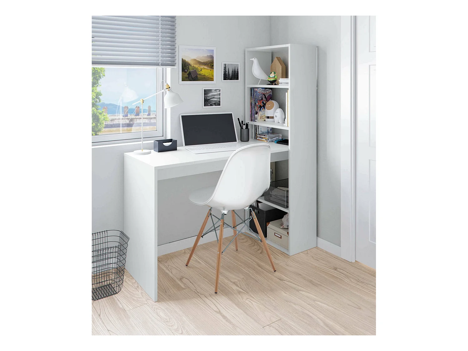 Dacarte Bureau, Omkeerbaar multifunctioneel bureau met boekenkast met 5 planken, Studeer- of kantoortafel voor pc-boekenhouder, 120x53h144 cm, Wit