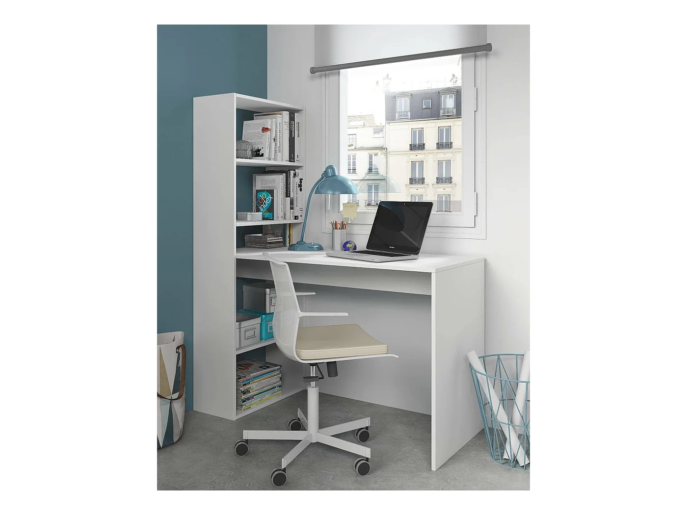 Dacarte Bureau, Omkeerbaar multifunctioneel bureau met boekenkast met 5 planken, Studeer- of kantoortafel voor pc-boekenhouder, 120x53h144 cm, Wit