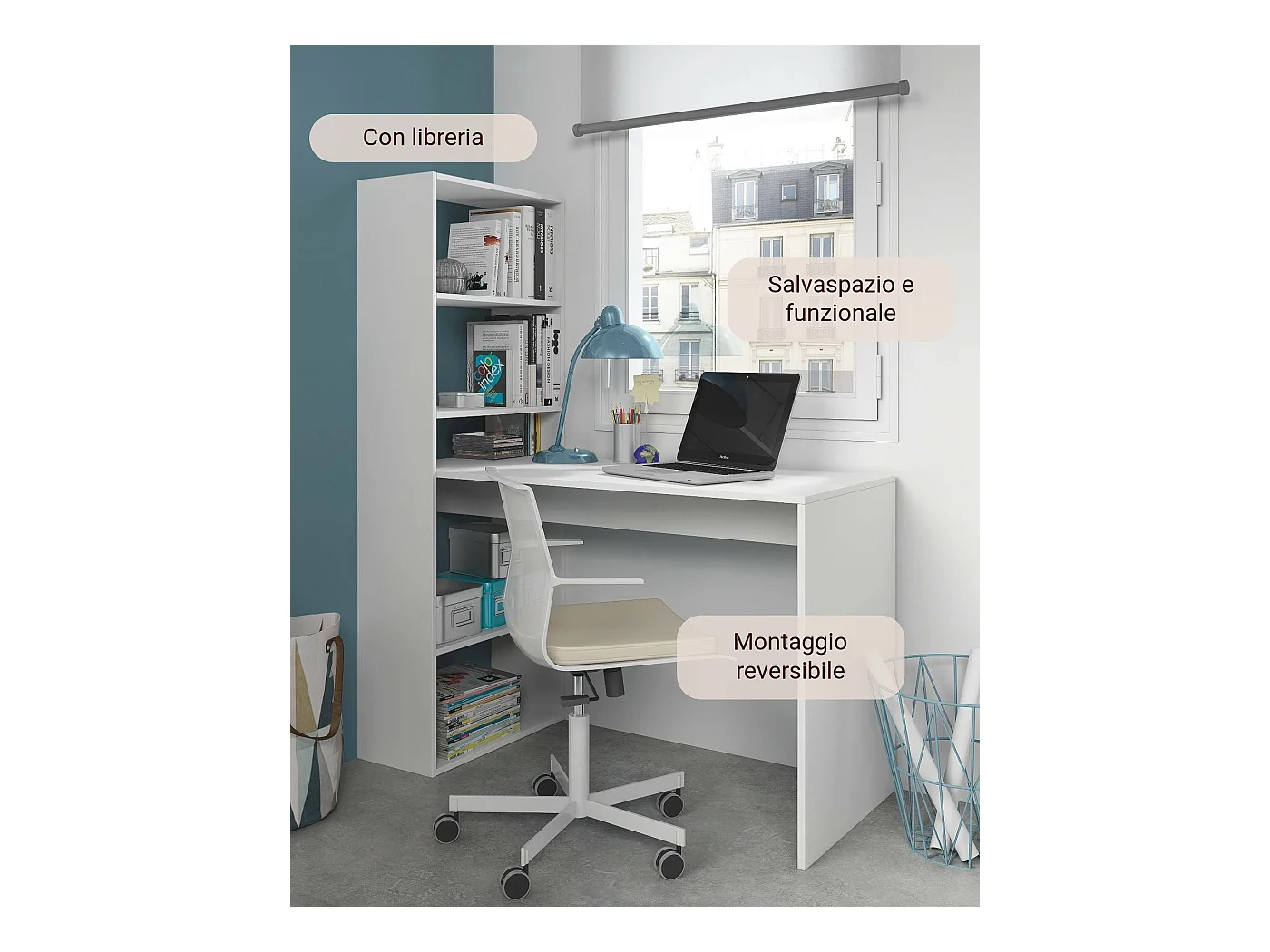 Dacarte Bureau, Omkeerbaar multifunctioneel bureau met boekenkast met 5 planken, Studeer- of kantoortafel voor pc-boekenhouder, 120x53h144 cm, Wit