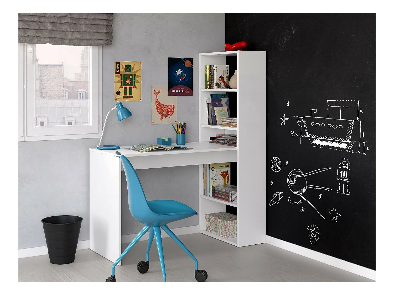 Dacarte Bureau, Omkeerbaar multifunctioneel bureau met boekenkast met 5 planken, Studeer- of kantoortafel voor pc-boekenhouder, 120x53h144 cm, Wit