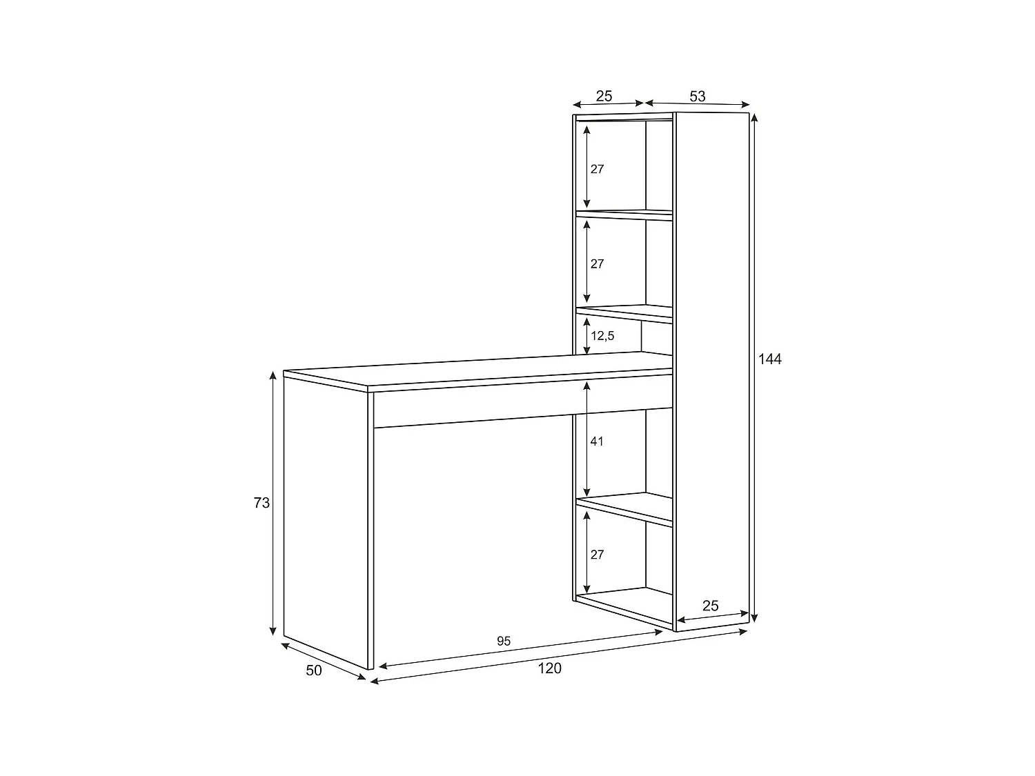 Bureau Dacarte, Bureau multifonction réversible avec bibliothèque 5 étagères, Table d'étude ou de bureau pour support livre PC, 120x53h144 cm, Blanc