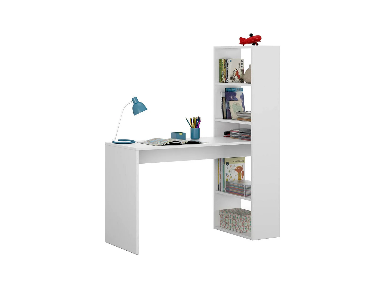 Bureau Dacarte, Bureau multifonction réversible avec bibliothèque 5 étagères, Table d'étude ou de bureau pour support livre PC, 120x53h144 cm, Blanc