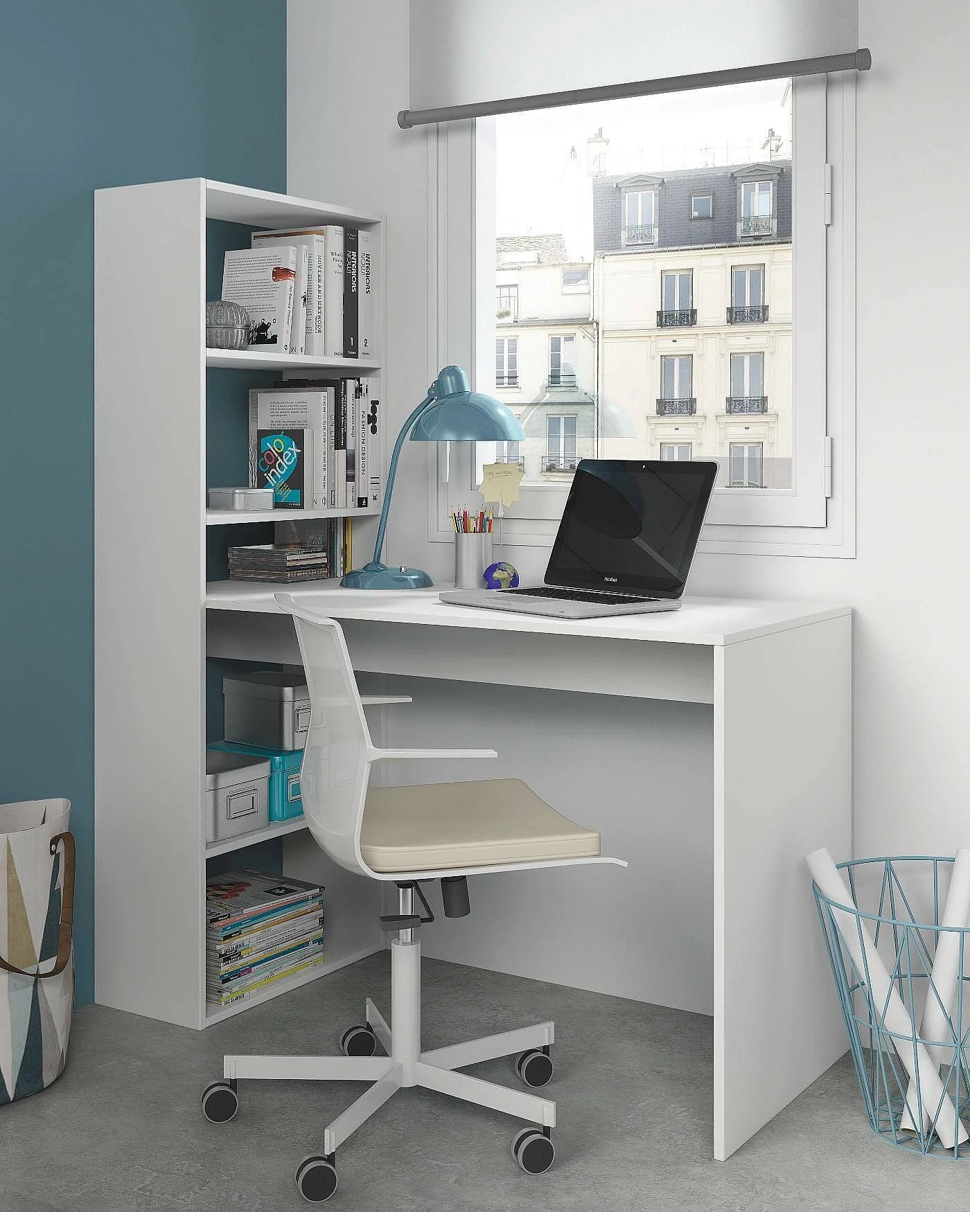 Bureau Dacarte, Bureau multifonction réversible avec bibliothèque 5 étagères, Table d'étude ou de bureau pour support livre PC, 120x53h144 cm, Blanc