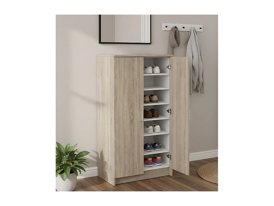 Sapateira 0, Armário multifuncional, Armário de arrumação com prateleiras, Sapateira com duas portas e 6 prateleiras, 55x36h108 cm, Carvalho