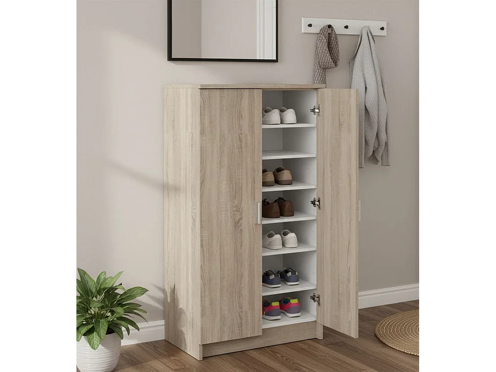 Schoenenrek 0, Multifunctionele kast, Opbergkast met planken, Schoenenrek met twee deuren en 6 planken, 55x36h108 cm, Eiken