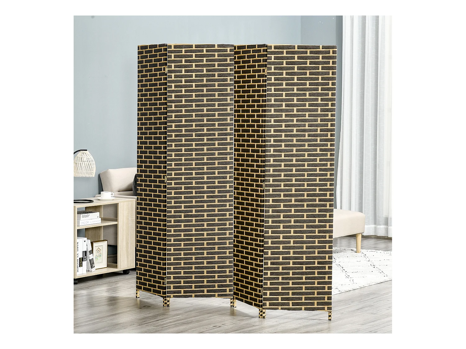 Paravent intérieur 4 panneaux pliables séparateur de pièce bois de peuplier fibres de papier tressée chocolat paille