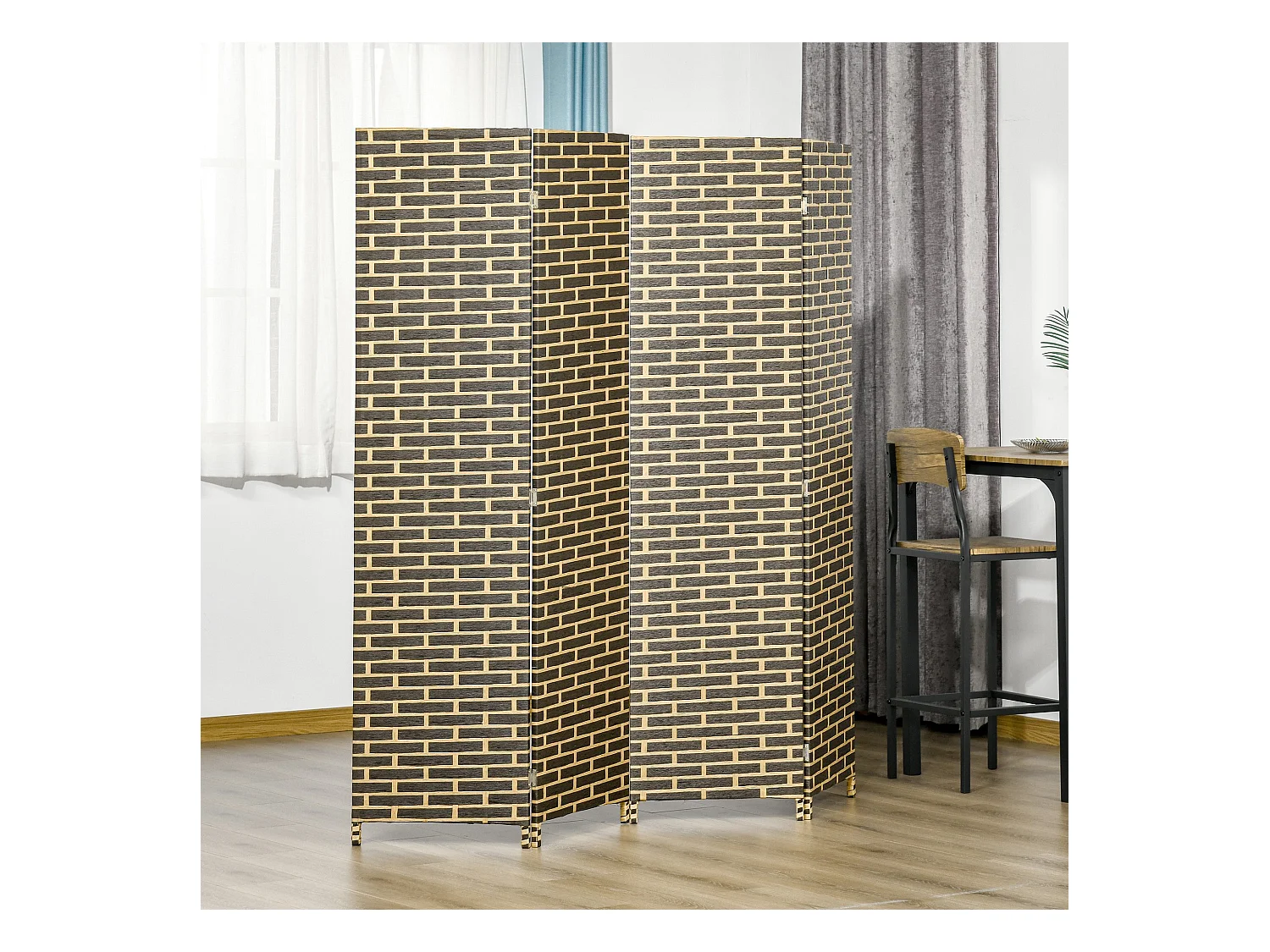 Paravent intérieur 4 panneaux pliables séparateur de pièce bois de peuplier fibres de papier tressée chocolat paille