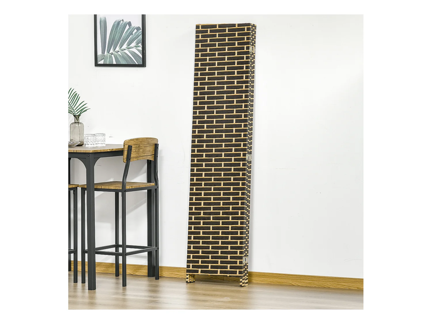 Paravent intérieur 4 panneaux pliables séparateur de pièce bois de peuplier fibres de papier tressée chocolat paille