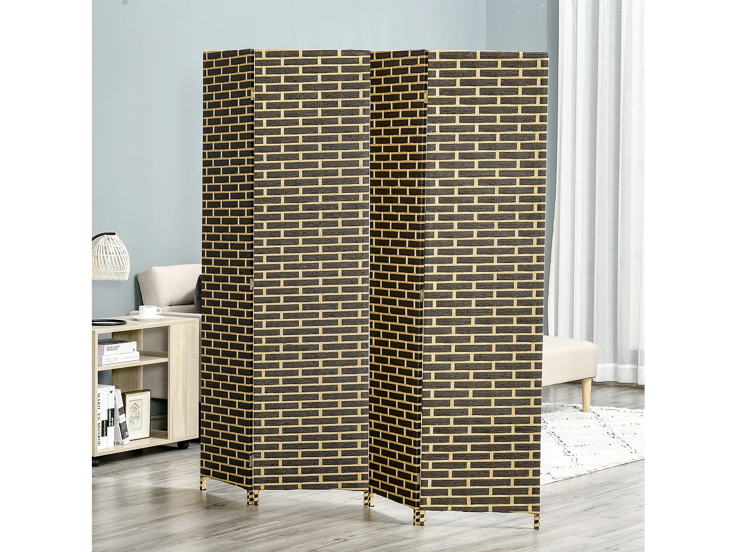 Paravent intérieur 4 panneaux pliables séparateur de pièce bois de peuplier fibres de papier tressée chocolat paille