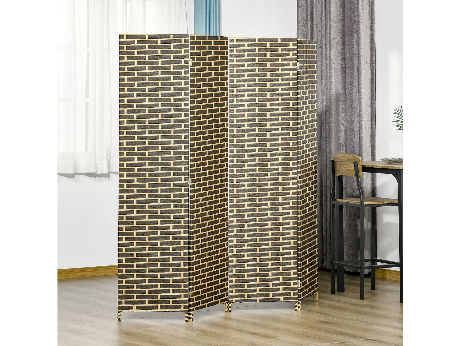 Paravent intérieur 4 panneaux pliables séparateur de pièce bois de peuplier fibres de papier tressée chocolat paille