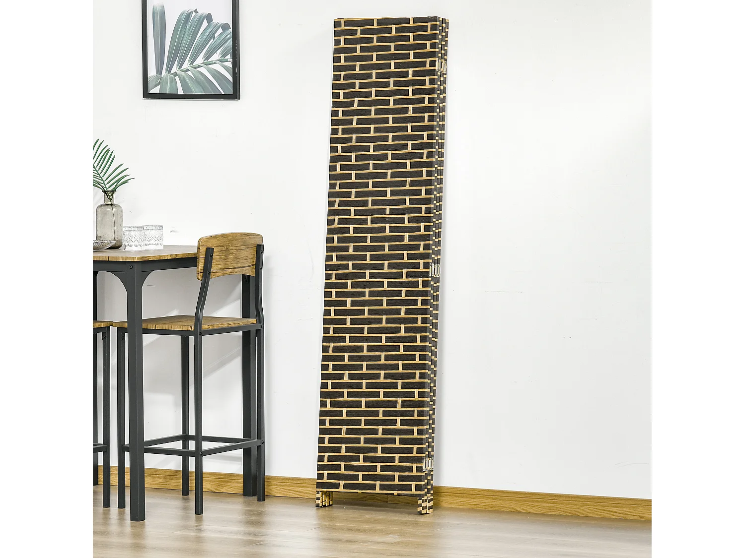 Paravent intérieur 4 panneaux pliables séparateur de pièce bois de peuplier fibres de papier tressée chocolat paille