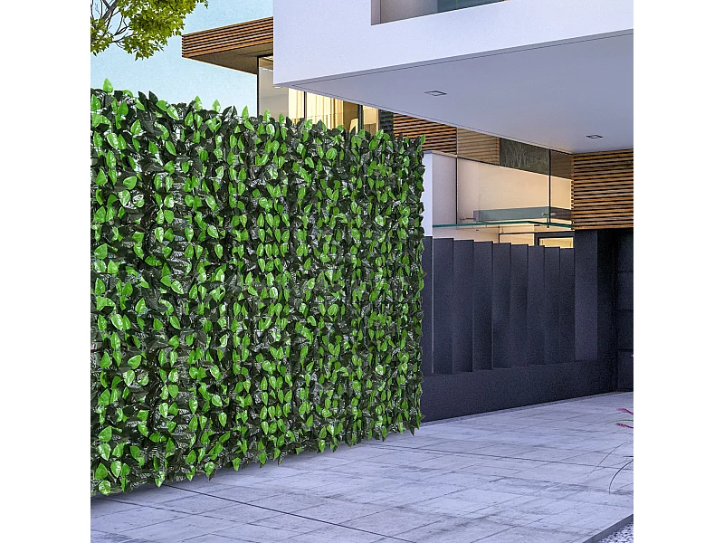 Haie artificielle feuilles de laurier - treillis extensible - brise-vue canisse végétale feuillage réaliste dim. 3L x 1H m PE anti-UV vert