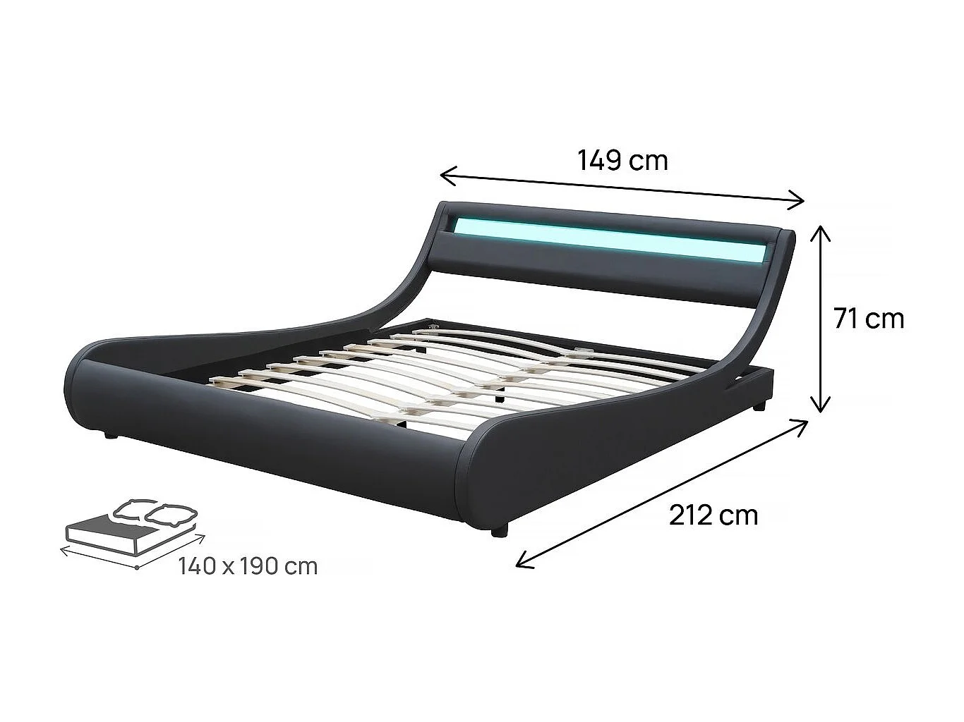 Verlicht LED-bed "Natacha" zwart 140x190 cm, eigentijdse curves in PVC