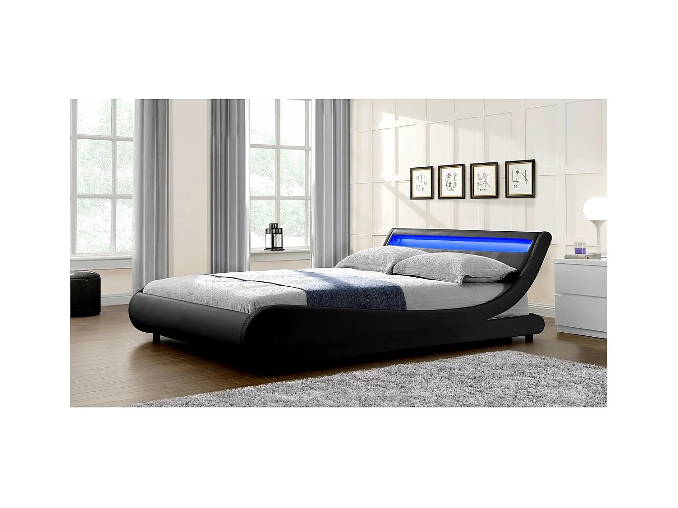 Verlicht LED-bed "Natacha" zwart 140x190 cm, eigentijdse curves in PVC