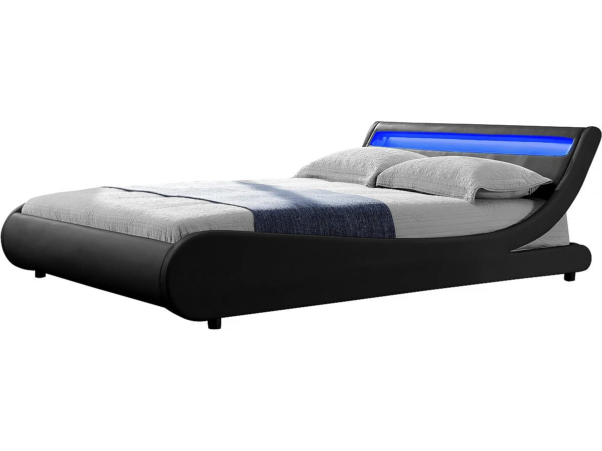 Cama LED moderna "Natacha" - Acabamento em PVC preto - 140 x 190 cm - Estrutura de ripas incluída