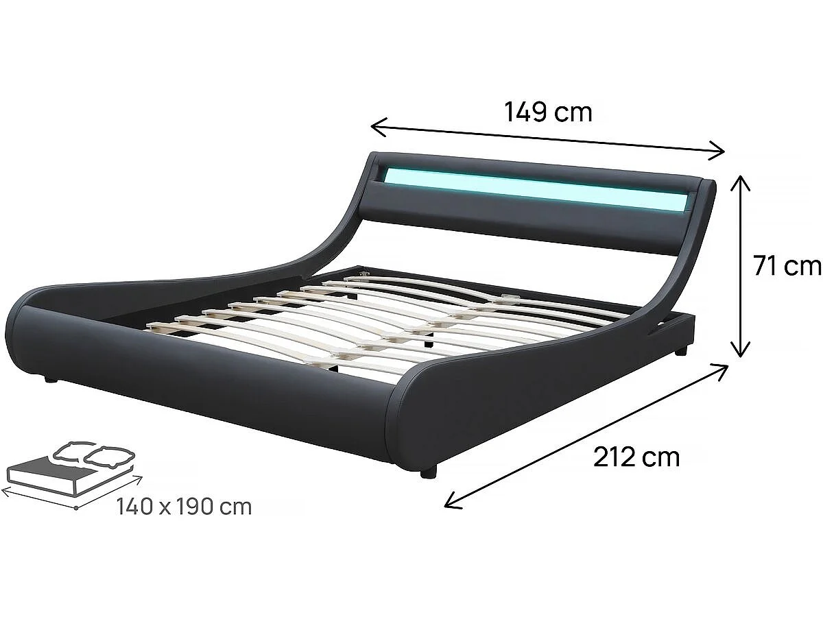 Cama LED moderna "Natacha" - Acabamento em PVC preto - 140 x 190 cm - Estrutura de ripas incluída