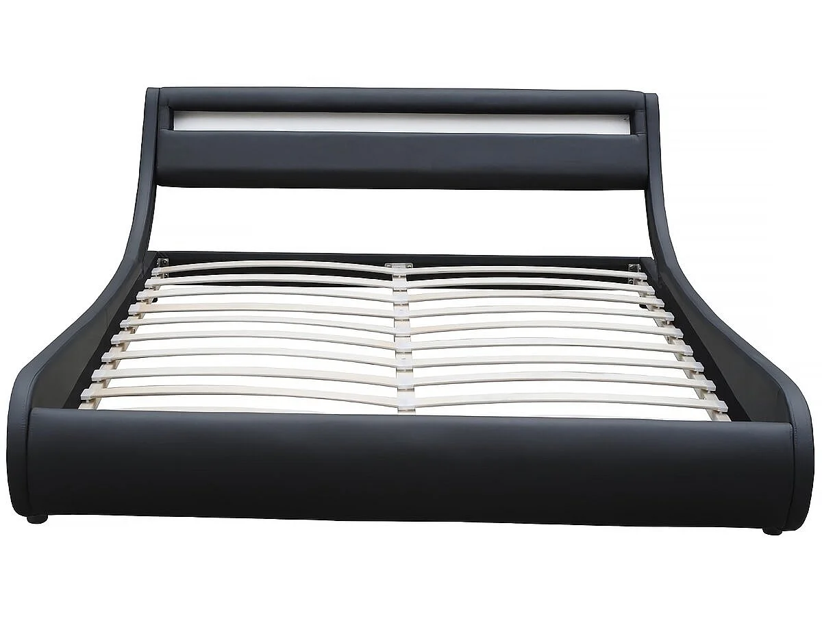 Cama LED moderna "Natacha" - Acabamento em PVC preto - 140 x 190 cm - Estrutura de ripas incluída