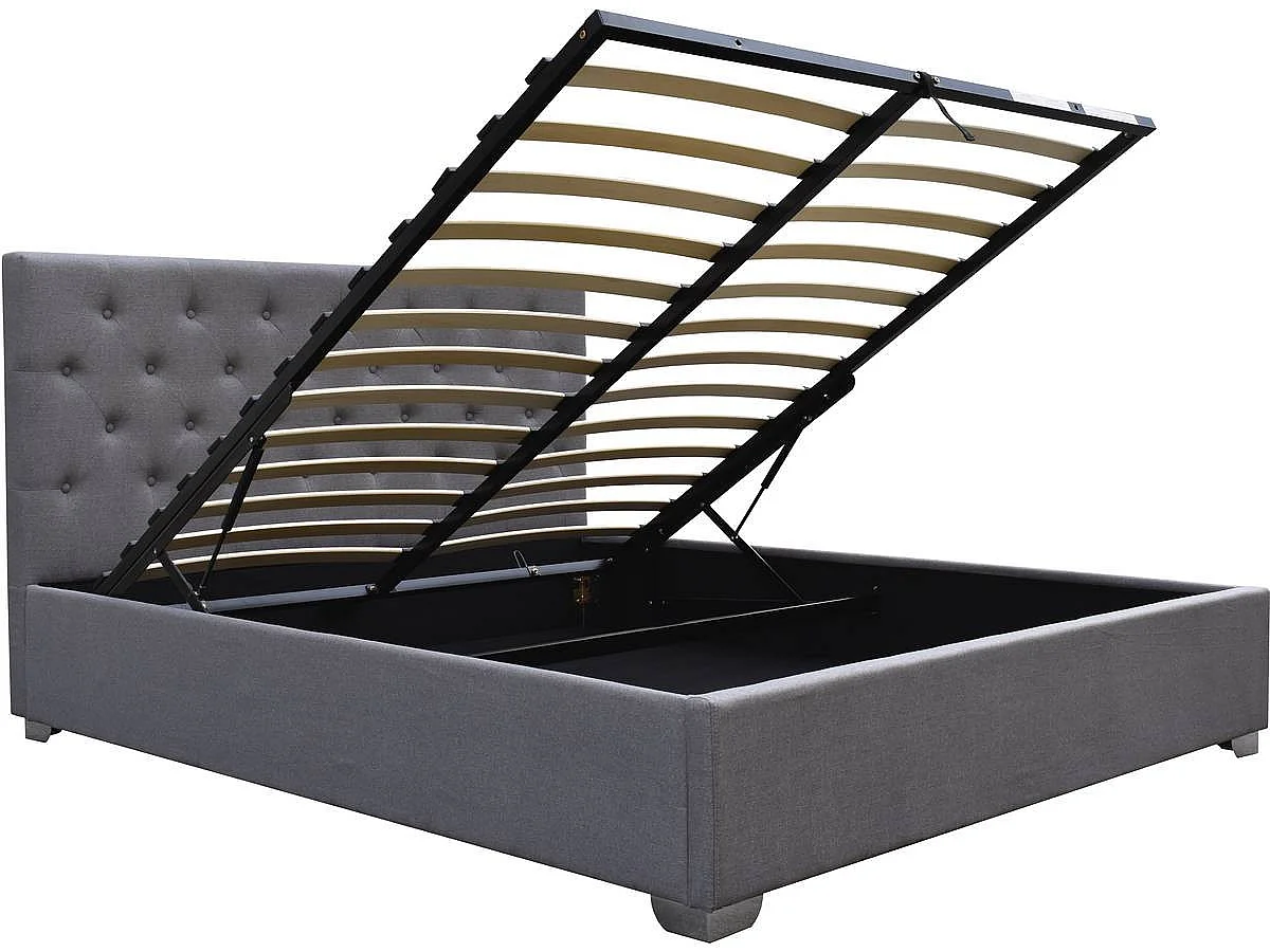 Cama de Casal Moderna Cinza com Armazenamento "Tino" - 140 × 190 cm - Cabeceira Estofada