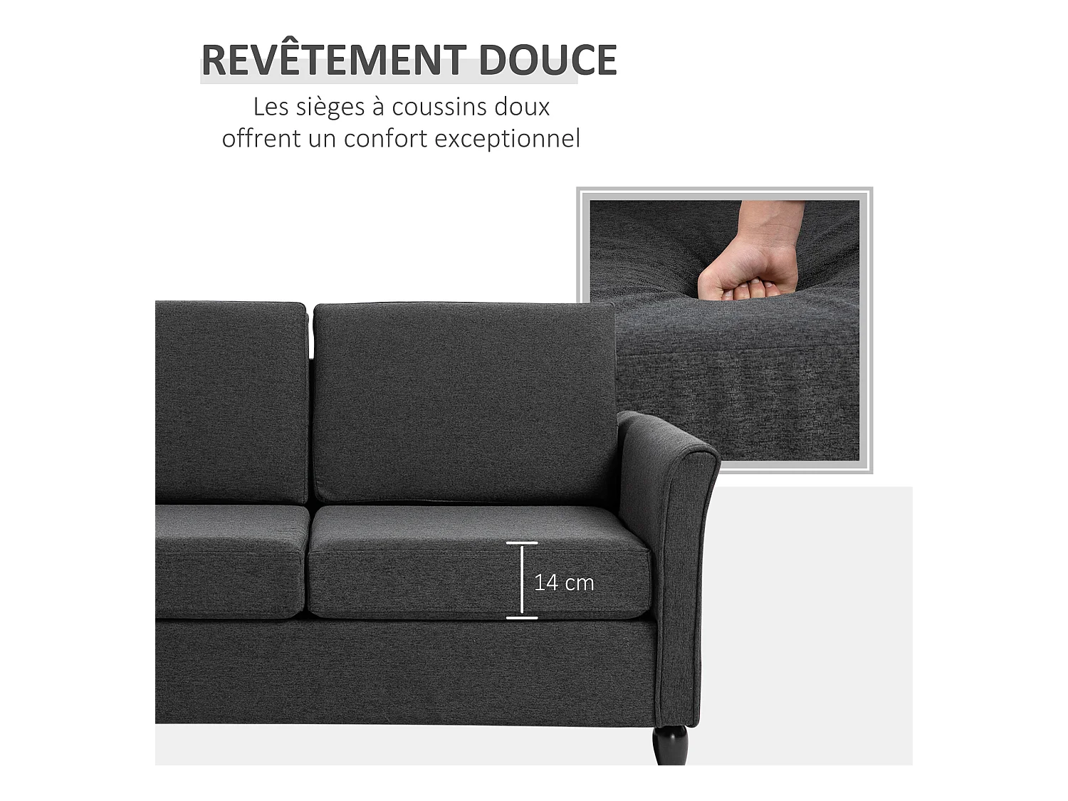 Canapé 2 places design scandinave dim. 141L x 70l x 78H cm pieds bois massif tissu lin gris foncé