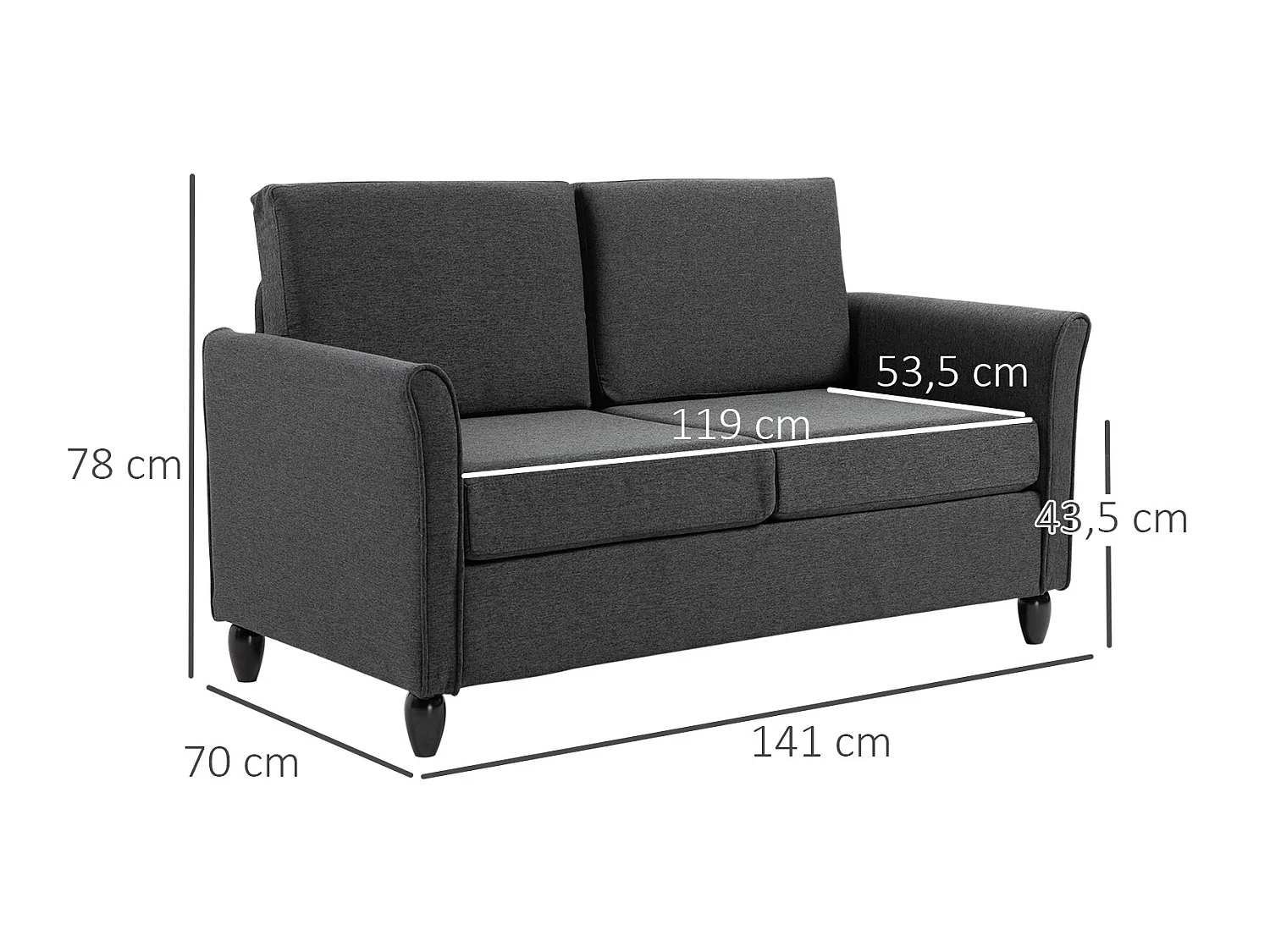 Canapé 2 places design scandinave dim. 141L x 70l x 78H cm pieds bois massif tissu lin gris foncé