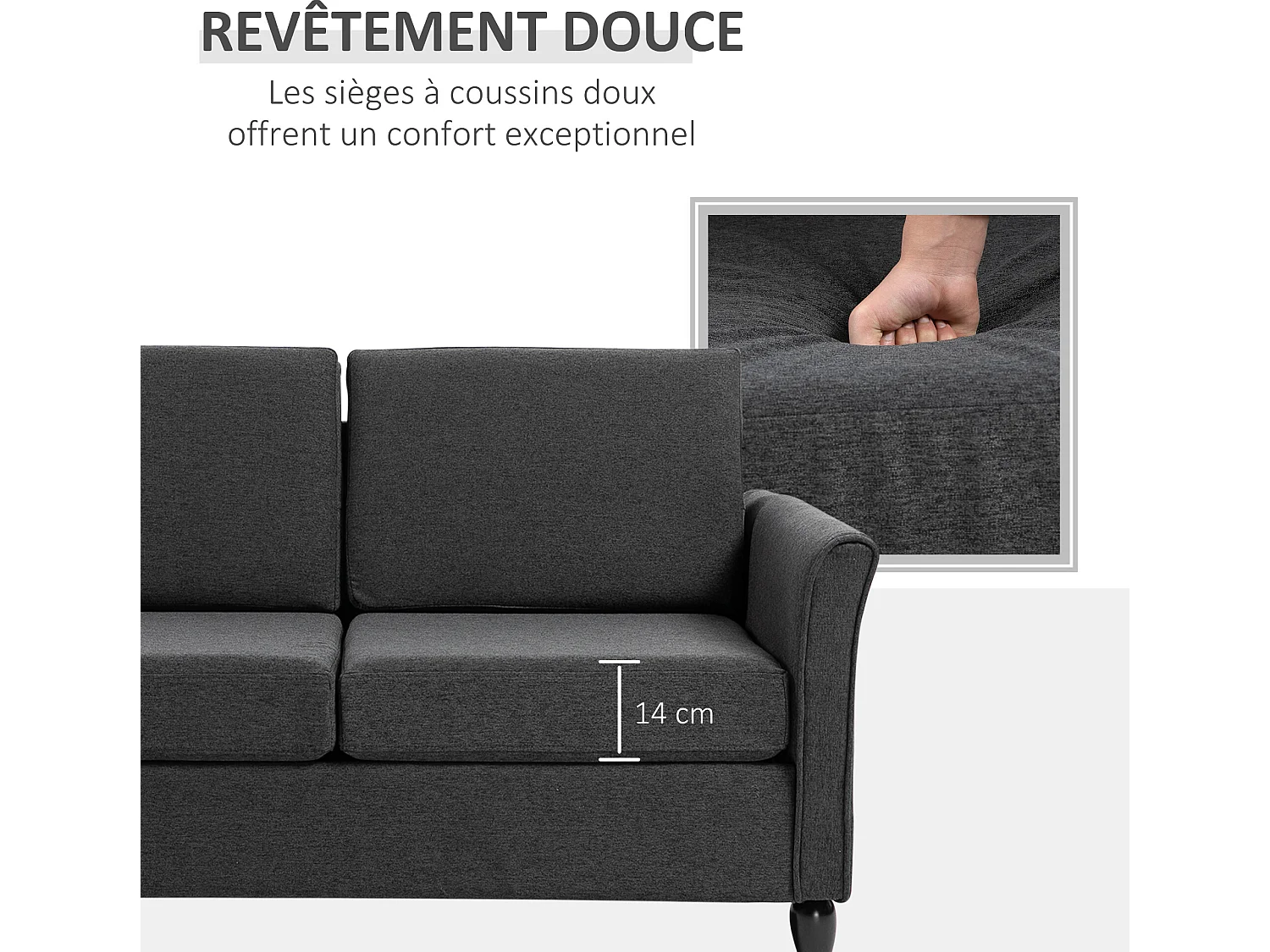 Canapé 2 places design scandinave dim. 141L x 70l x 78H cm pieds bois massif tissu lin gris foncé