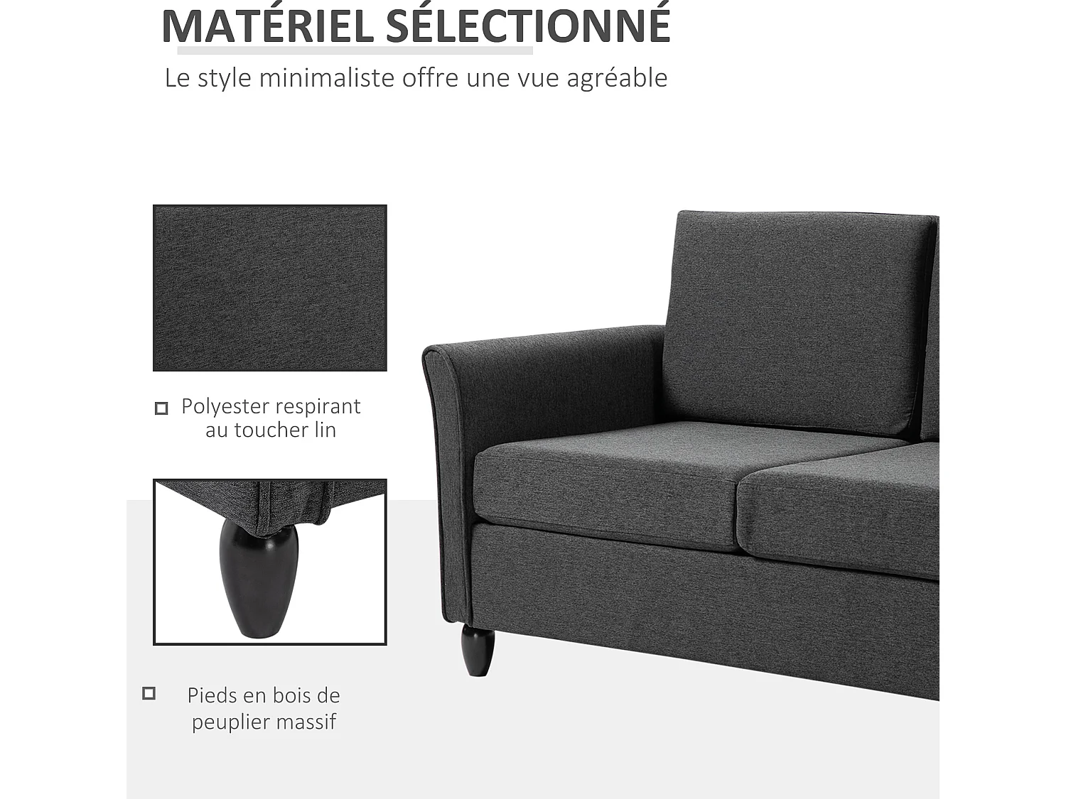 Canapé 2 places design scandinave dim. 141L x 70l x 78H cm pieds bois massif tissu lin gris foncé